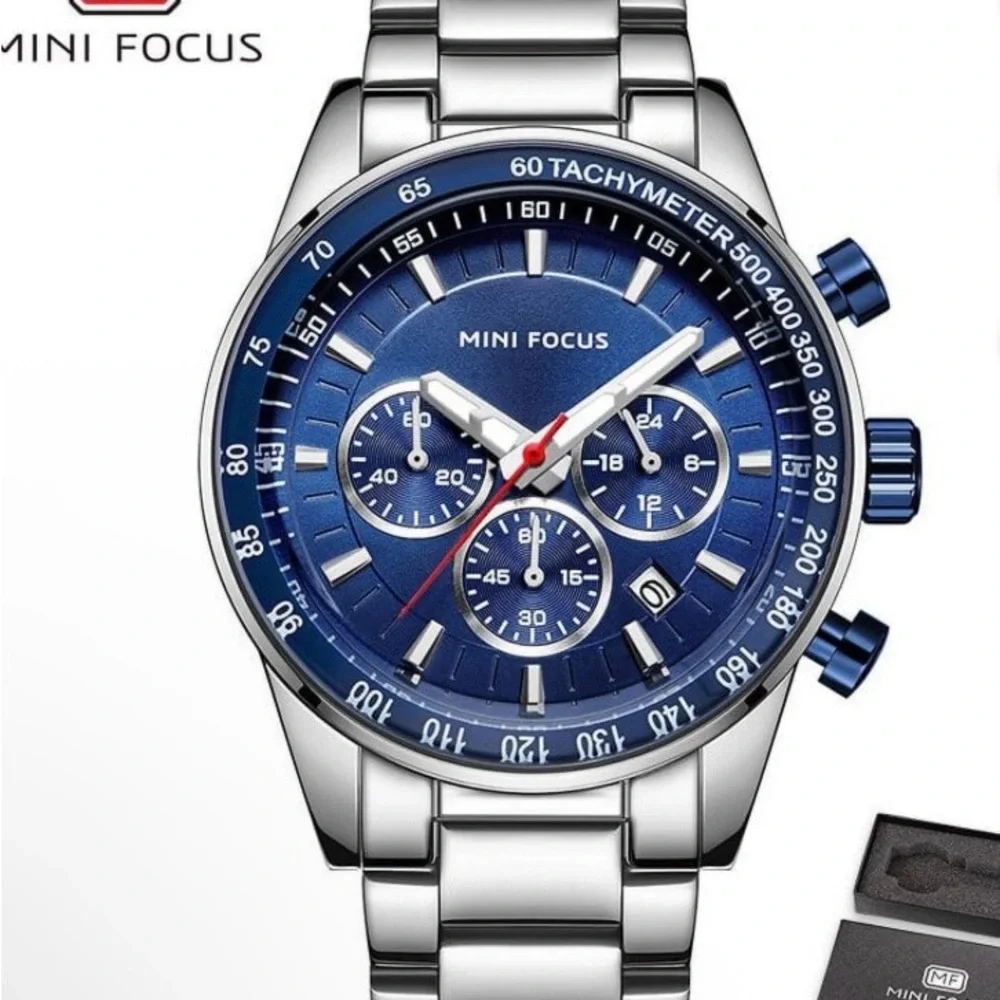 NWT Mini Focus Men's Stainless Steel and Blue Waterproof Chronograph Watch